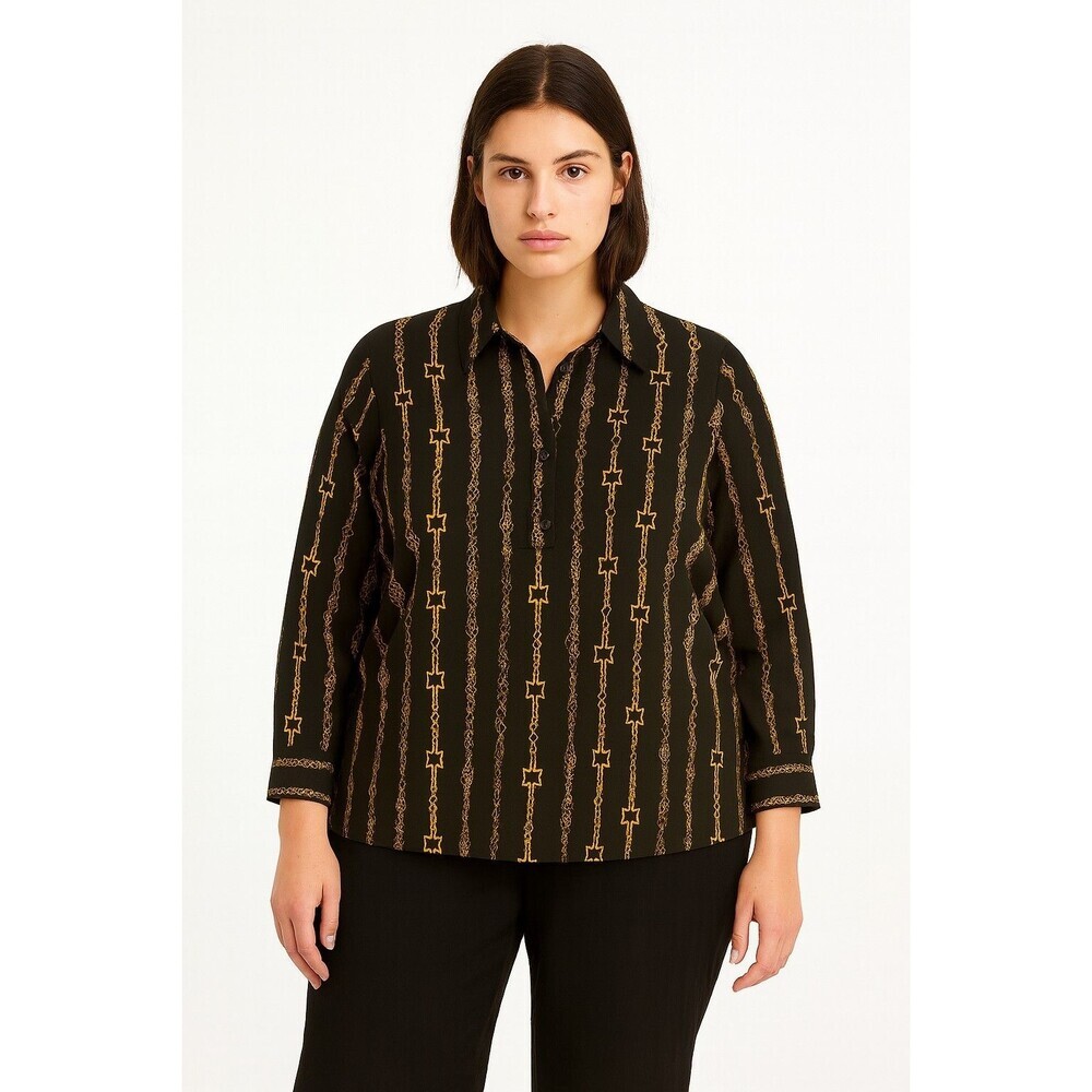 Rebecca Malone L Chain Print Button Long Roll Tab Sleeve Blouse Office Top